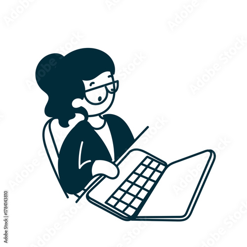cute woman working on laptop cartoon hand drawn style