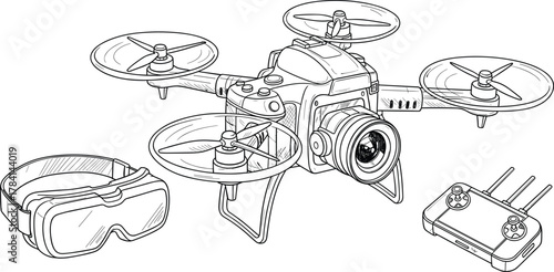 Drone, DSLR, camera, quadcopter, FPV, goggles, remote, photography, aerial, tech, innovation, flying, cinematic, gear, controller, virtual, immersive, videography