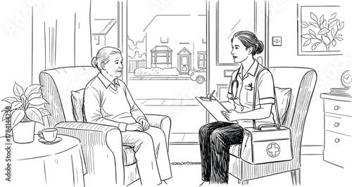 Elderly patient home visit, healthcare worker assessment, medical support, senior care, community nurse, living room consultation scene