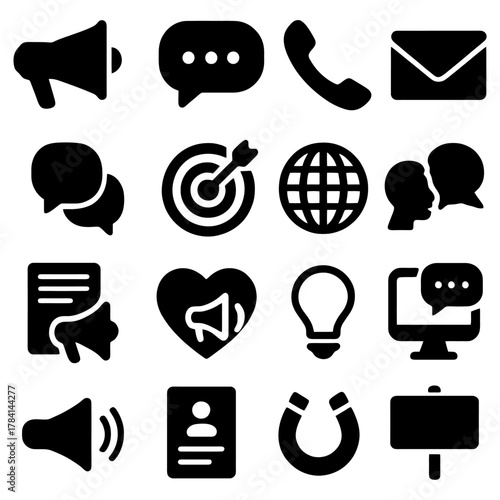 Essential Communication Icons: An array of universally recognized icons, representing diverse modes of communication, information exchange, and essential functionalities.