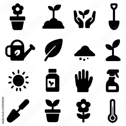 Gardening Icon Set: A comprehensive collection of gardening icons, depicting tools, plants, and elements, perfect for illustrating horticultural and landscaping concepts.
