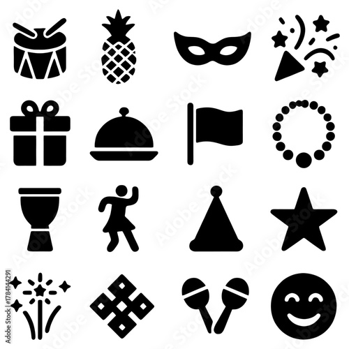 Carnival Icon Set: A vibrant collection of carnival-themed icons, ready to infuse any design with joy and excitement. Evoking the spirited atmosphere of celebrations