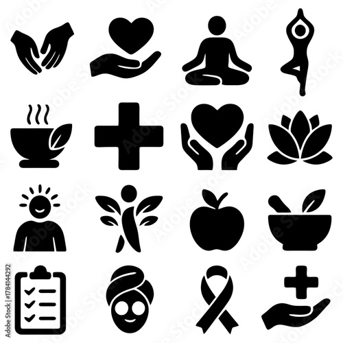 Wellness Icons: A collection of simple, elegant icons representing wellness, holistic health, and balance, ideal for illustrating concepts related to physical, mental, and spiritual well-being. 