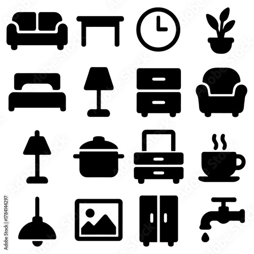 Home Essentials: An array of stylized illustrations showcases a collection of home essentials, from a comfortable sofa and elegant table to a soothing plant and classic clock. 