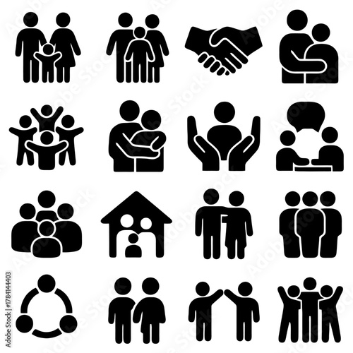 Family and Community Icons: A compilation of symbolic illustrations representing the values of family, relationships, togetherness, and support.