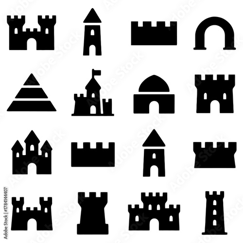 Fortress Icons: A collection of meticulously crafted, stark black silhouette icons, representing various fortress architectural elements. A testament to historical construction.