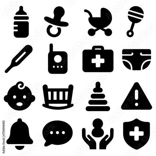 Baby Essential Icons: A set of essential icons for baby care, covering feeding, comfort, and safety, arranged in an organized pattern, symbolizing the care and needs of a little one.