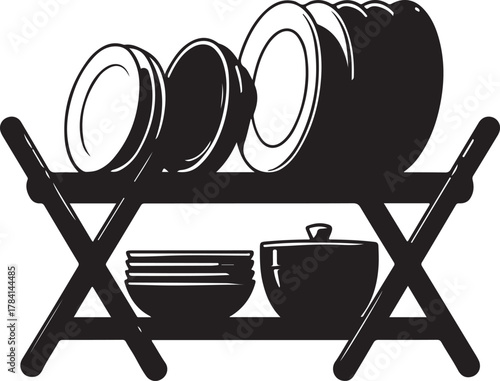 Black silhouette of a dish rack with clean dishes isolated on white background