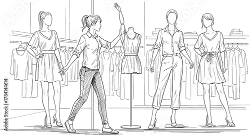 Fashion boutique interior, stylish mannequins, retail display, clothing store design, woman arranging outfits, trendy apparel, shopping concept, elegance