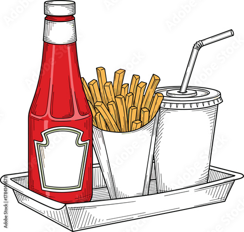Fast food illustration, ketchup bottle, French fries, soda cup, tray sketch, comic style, junk meal, colorful drawing