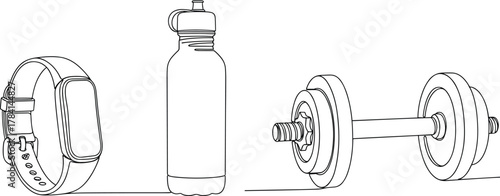 Fitness tracker, water bottle, dumbbell, gym essentials, workout gear, strength training, hydration, health, exercise, wearable tech, active lifestyle, fitness tools, gym equipment, wellness