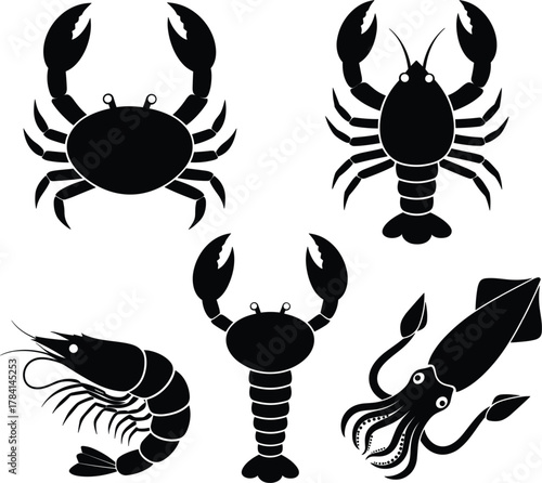 Seafood animal icon set featuring crab, lobster, shrimp, and squid