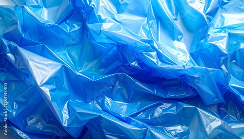 Wrinkled blue plastic texture background, abstract crumpled polyethylene surface, vibrant color, shiny material, creative backdrop, packaging concept