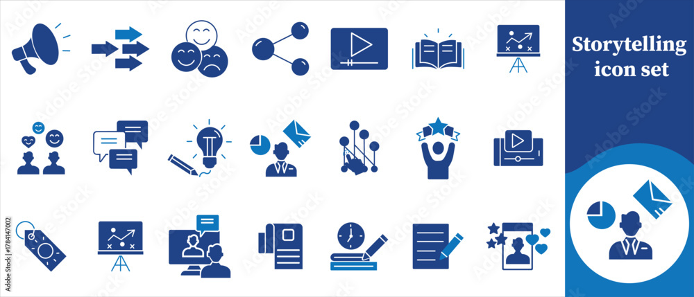 Naklejka premium Storytelling icon set, storytelling, narrative, story, book, open book, author, writer, creativity, imagination, script, plot, character, dialogue, scene, storyboard, idea, lightbulb, quill, and more