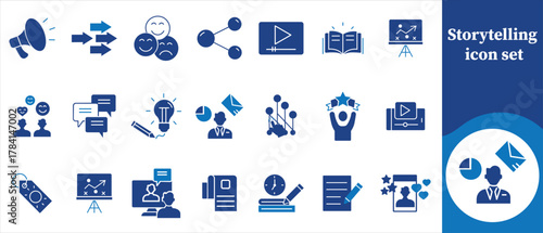 Storytelling icon set, storytelling, narrative, story, book, open book, author, writer, creativity, imagination, script, plot, character, dialogue, scene, storyboard, idea, lightbulb, quill, and more