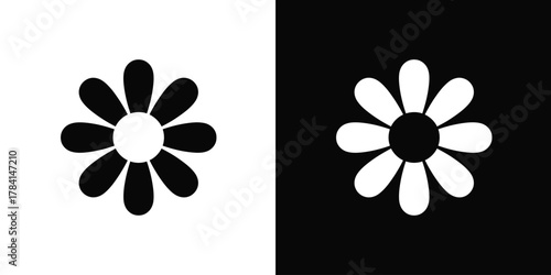 Simple flat flower icon set in black and white. Minimalist daisy or chamomile symbol for graphic design