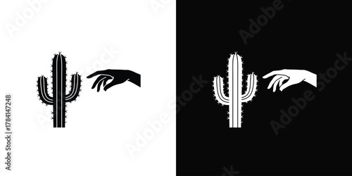 Hand reaching towards a cactus, symbolizing caution or interaction