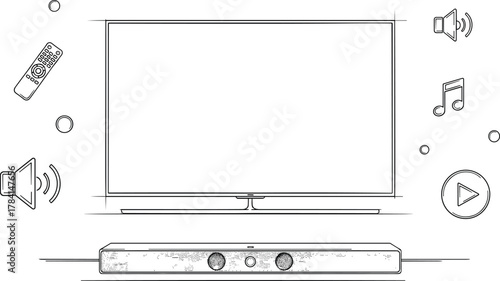 Home theater setup with flat screen TV, soundbar, remote control, audio icons, music symbols, media playback concept
