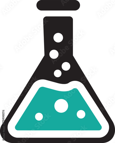 Flat Icon of a Conical Flask with Teal Liquid and Bubbles , flask, conical flask, beaker, laboratory, science, 