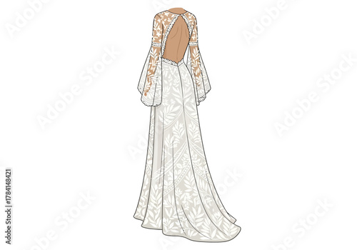 Back view of long white floralpatterned dress with bare back and flared sleeves