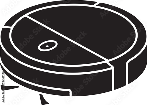 Black silhouette of a robotic vacuum cleaner isolated on white background