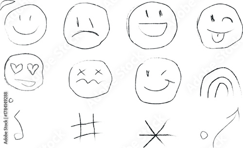 Hand Drawn Doodle Emoji and Emoticon Faces Set - Mood and Emotion Sketch Symbols