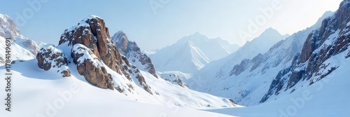 Jagged rocks jut out from a blanket of pristine snow, creating a dramatic winter landscape The texture contrast between the smooth snow and rough rock is striking , icy, cold weather