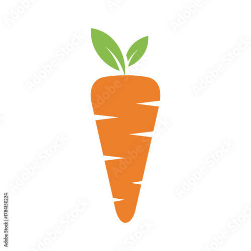 A simple, stylized vector illustration of a single orange carrot with green leaves on a white background, representing healthy eating.