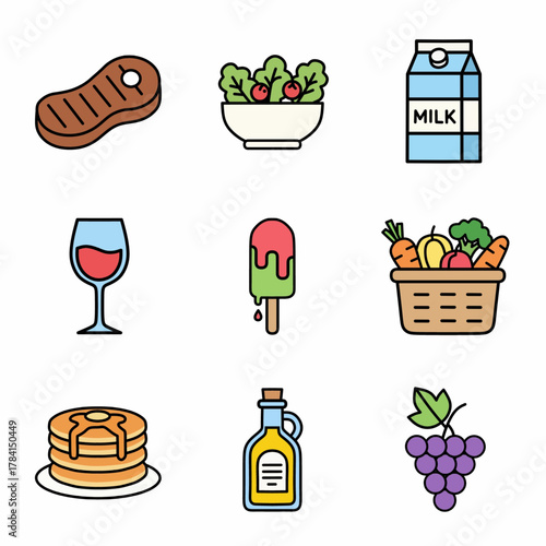 Colorful Food Icons Set Vector Illustration for Menu Design and Healthy Eating