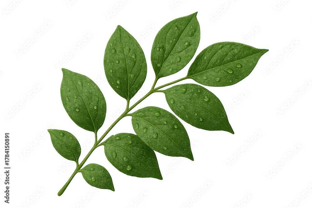Naklejka premium Green plant sprig with fresh water drops, symbolizing nature, growth, and environmental freshness on transparent background