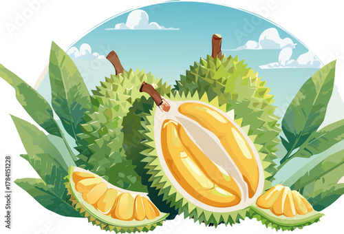 Vector Artwork for School Science Projects: Durian Monoculture Scene Used to Illustrate Lessons on Photosynthesis, Soil Health, and Ecosystem Management.