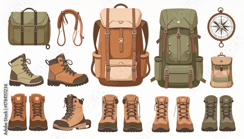 Muted Earthy Flat Icons of Hiking Equipment Set