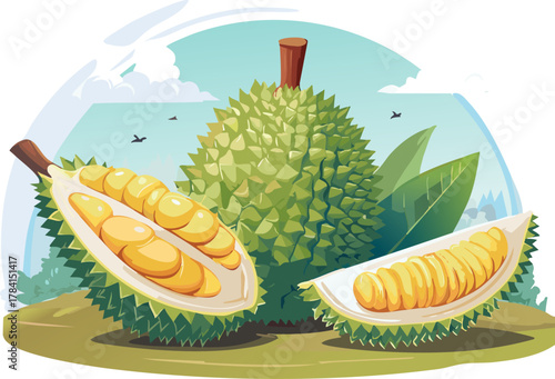 Vector Graphic for Dietary Counseling: Durian Used to Discuss High-Energy Foods and the Importance of Moderation in Consuming Calorie-Dense Tropical Fruits.