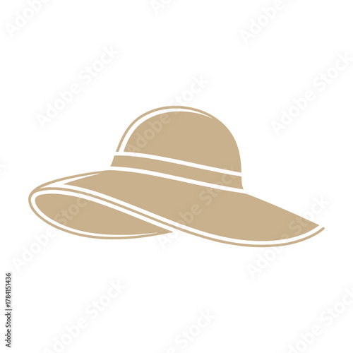 Elegant vector illustration of a beige wide-brimmed summer sun hat with white stripes.