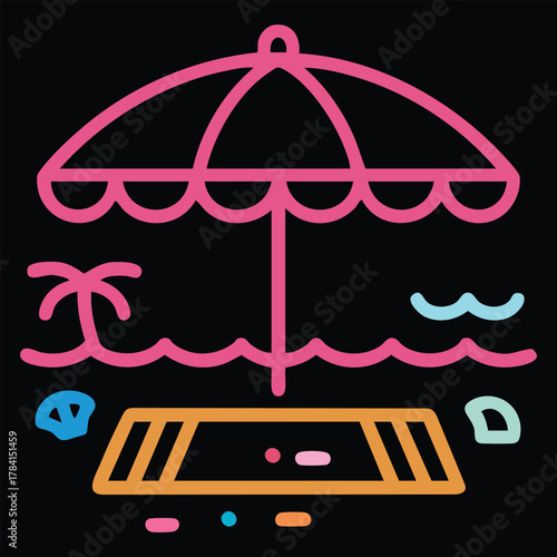 Pink beach umbrella on towel with palm tree and ocean waves vector