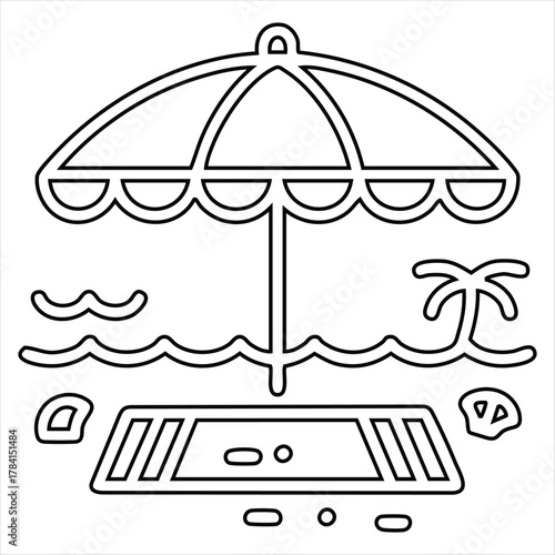 Beach scene with umbrella towel palm tree and waves outline vacation summer