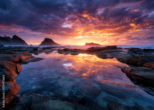 Sunset lights up the sky with brilliant hues as calm waters mirror the vibrant colors. Rocky cliffs stand guard along the coastline, creating a serene and magical evening scene.