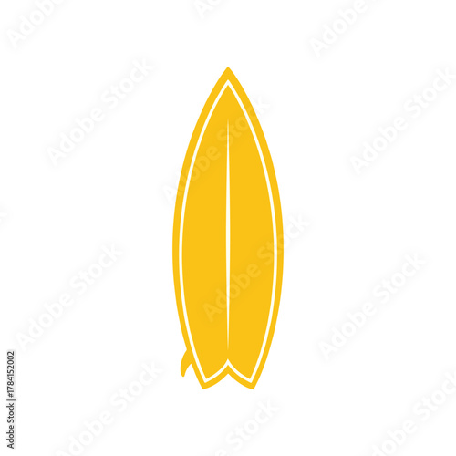 A bright yellow surfboard with a white outline and a single fin is shown against a white background.