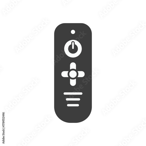 A simple, dark grey icon of a remote control with a power button and directional pad on a white background.