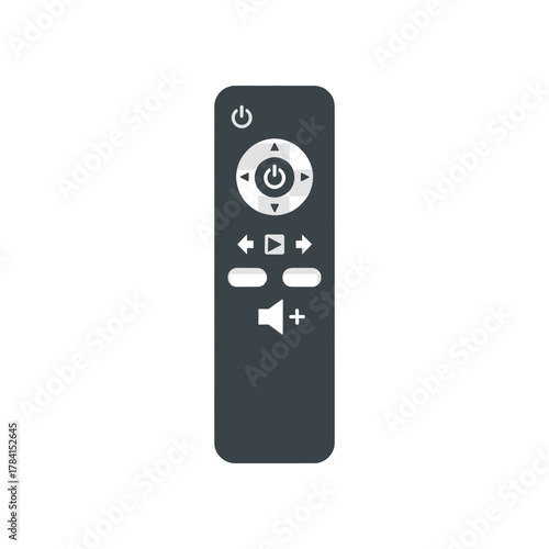A dark gray remote control with white power, navigation, playback, and volume buttons on a white background.