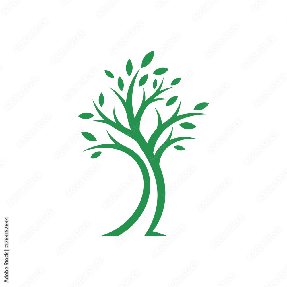 Fototapeta premium A stylized green tree with a curved trunk and many leaves.