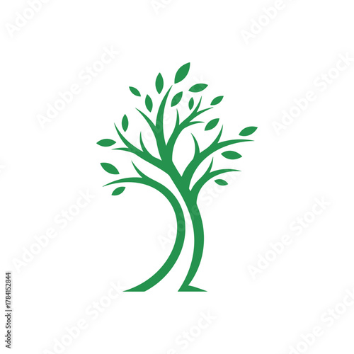 A stylized green tree with a curved trunk and many leaves.