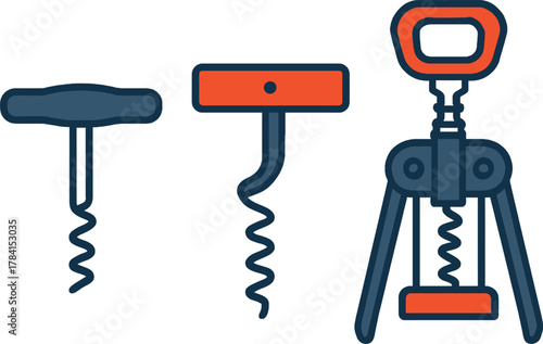 Collection of Stylish Corkscrew Illustrations for Wine Opening and Sommelier Equipment Depiction on White Background