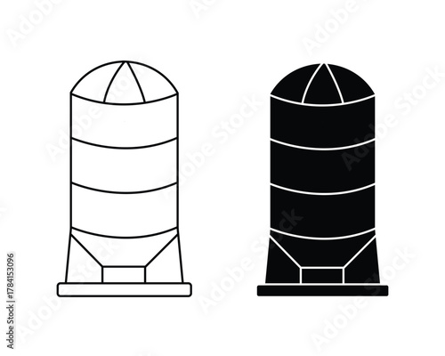 One white and one black silo stand prominently on a white background