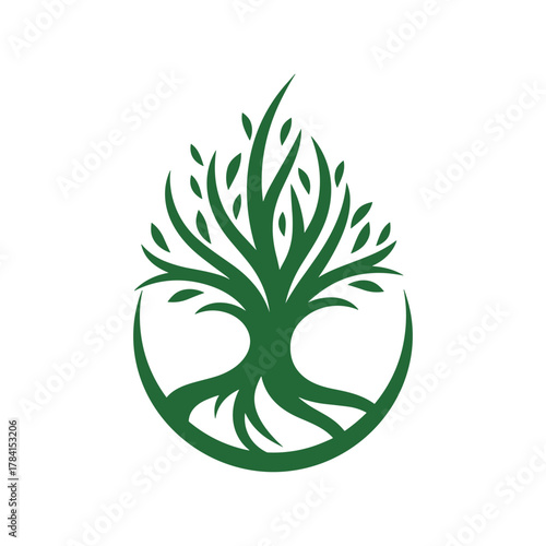 Green tree logo with roots and branches inside a teardrop shape, representing growth.