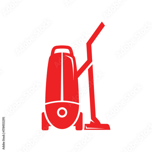 A red graphic illustration of an upright vacuum cleaner with a hose and nozzle.
