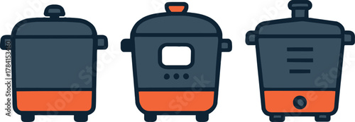 Different types of electric pressure cookers in a row for modern kitchen designs and cooking appliances illustration