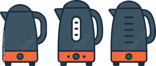 Electric Kettle Line Art Collection Modern Kitchen Appliance Vector Illustration Stylish Water Heater Set for Tea and Coffee Preparation