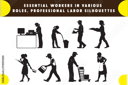 Essential Workers in Silhouette: Dynamic silhouettes capture the essence of essential workers performing vital roles. A tribute to dedication and tireless service