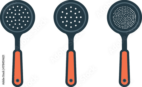 Three Kitchen Skimmers with Different Hole Patterns for Various Cooking Needs and Culinary Applications